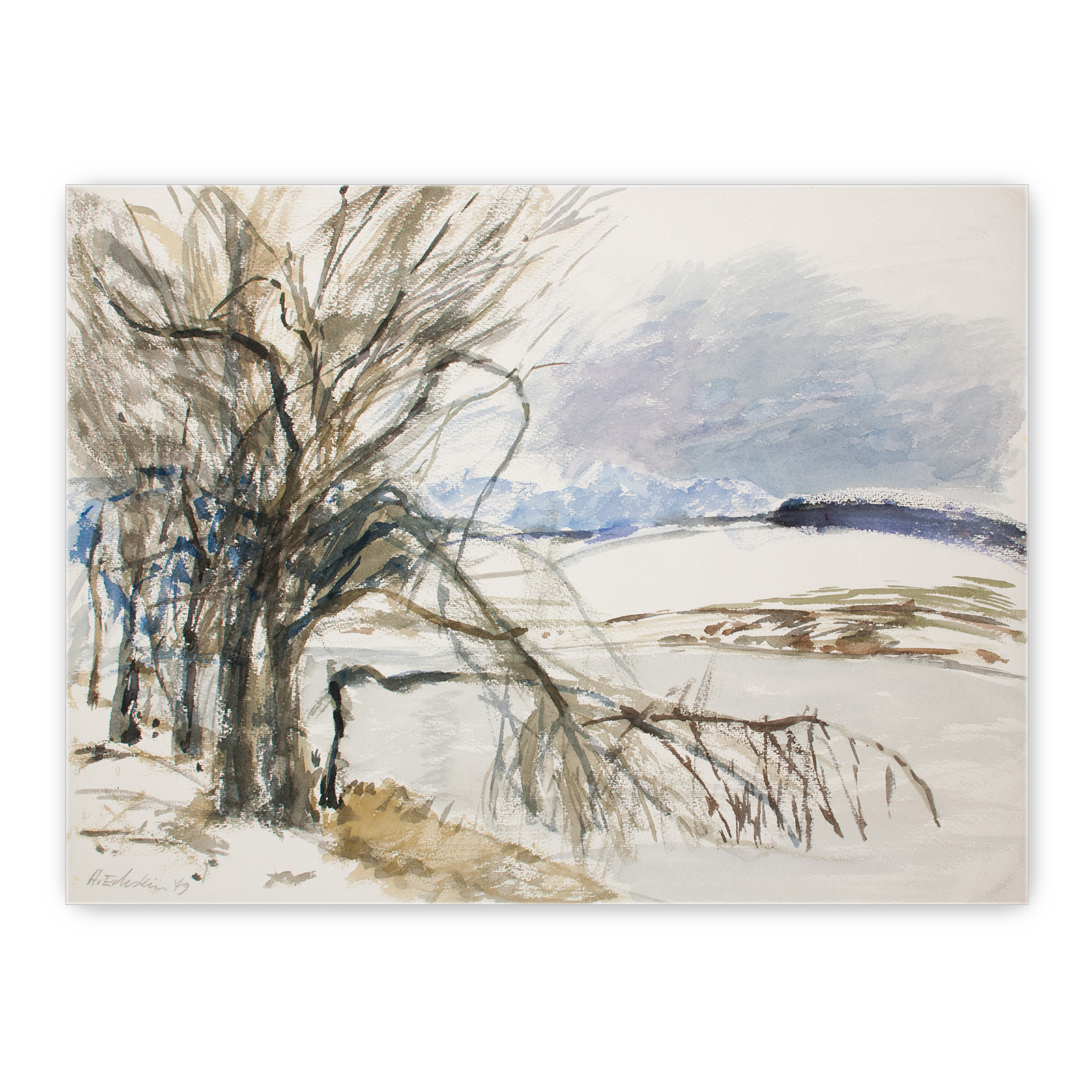 Aquarell "Zugefrorener Teich (Linden)"